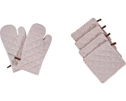 Picnic Richmond Potpourri set van 6 stuks | 2 ovenwanten en 4 pannenlappen | 100% katoen | Roze