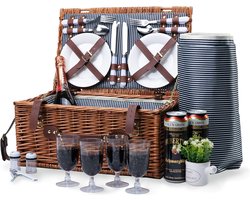 Picnicmand voor 4 Personen - Met Geïsoleerd Koelcompartiment - Waterdichte Picknickdeken - Inclusief RVS Bestek en Porseleinen Borden - Wicker Mand - Complete Picknickset voor Kamperen en Buitenfeestjes
