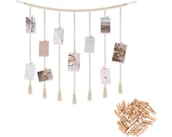 Picture Wall met Clips - Boho Foto Gordijn - Hangende Foto Collage - Wand Foto Lijst met 45 Houten Clips en Lijn - DIY Foto Touw voor Thuisdecoratie - Slaapkamer Decoratie