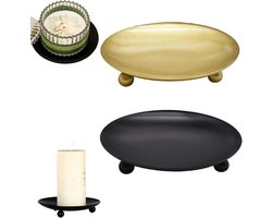 Pijler KaarsHouders Set van 2 - Gouden Metaal voor Tafeldecoraties - Zwart en Goud Ornament - Kaars Plaat Ijzer