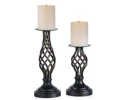 Pijler Kaarshouders Zwart Vintage Metalen Kandelaar Houder - Gothic Kerstmis Halloween Decor - Woonkamer Open Haard Bruiloft - Tafel Centerpiece Decor - 2 Stuks (22cm + 29cm) vloerkandelaar