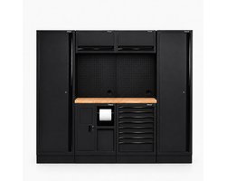 Pillar modulaire werkplaatsinrichting met 2 hoge kasten en hardhouten werkblad