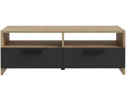 PILVI TV-meubel - Eigentijdse stijl - Eiken en Zwart decor - 2 kleppen + 2 nissen - L 95 x D 36 x H 34,5 cm