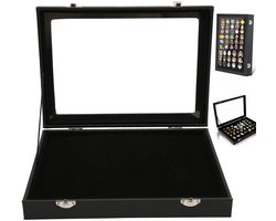 Pin collectie vitrine - Brochehouder - Stofbestendige brochehouder met transparant glazen deksel - Brochehouder - Brocheopbergdoos - Middelgroot- Met stofbestendig deksel - 28x20x4,8 cm - Zwart - Geschikt voor broches, sieraden, enz.