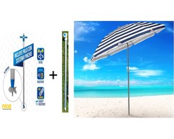 Pincho - Luxe Aluminium Parasol 200 cm - Blauw & Witte Strepen - Met 2 Parasolstokken: 1 x Zandboor + 1 x Rechte Punt - UPF 50 99% UV Bescherming - Knik en Kantelbaar - Draagzak - Windvaan