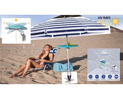 Pincho - LUXE ALUMINIUM STRANDPARASOL 200 cm & LANGE ZANDBOOR (Grondboor) - Blauw Wit Gestreept- Verstelbaar & Kantelbaar - Windvaan - Draagtas - Fiber Baleinen - UV Bescherming 99% UPF50 -Strandparasol - Stokparasol - Tuinparasol