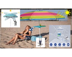 Pincho - LUXE ALUMINIUM STRANDPARASOL 200 & ZANDBOOR (Grondboor) - Mix van Mooie Gestreepte Kleuren Oranje - Rood - Blauw - Groen + UV Bescherming 99% UPF 50+ - Kantelbaar Knikbaar - Draagtas - Windvaan - Strandparasol – Tuinparasol - Stokparasol