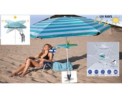 Pincho - LUXE ALUMINIUM STRANDPARASOL - TURQUOISE met ZANDBOOR (Grondboor) - 16 BALEINEN (ipv 8) -UV Bescherming 99% UPF 50+ - 200 cm - Kantelbaar & Verstelbaar - Draagtas - Windvaan - Strandparasol - Tuinparasol - Stokparasol