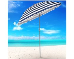 Pincho - Strandparasol - Balkonparasol - Tuinparasol 200 cm - Blauw wit Gestreept- 90% UV bescherming - Aluminium - Licht van gewicht - Met draagtas