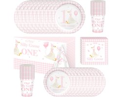 Pink Silly Goose Party Tableware, Pink Annual Theme, Girls Birthday Party Tableware, Includes Plates, Cups, Napkins - ShopVlot