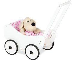 Pinolino Houten Poppenwagen "Trixi" - Schattige en Duurzame Wieg – Massief Beukenhout met Dekbed 'Hartjes' - wit