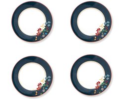 Pip Studio Berry Blues Blue gebaksborden set van vier porselein donkerblauw gebaksbordje met bloemen