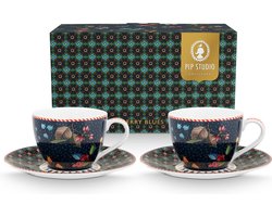 Pip Studio Berry Blues Espresso Kop en Schotel 120ml Set van twee Donkerblauw Bloemen Cadeaudoos