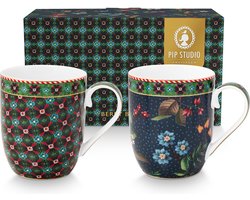 Pip Studio Berry Blues kleine mokjes set van twee 145ml donkerblauw met bloemen en bessen porselein - senseomokje