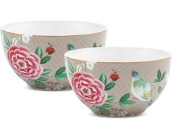 Pip Studio Blushing Birds Kommen - Khaki - Porselein - Set van 2 - 15cm