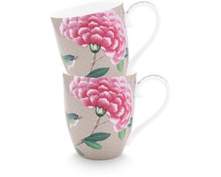 Pip Studio Blushing Birds Mokken - Theemok - Koffiemok met Oor - Servies set van 2 - 450ml