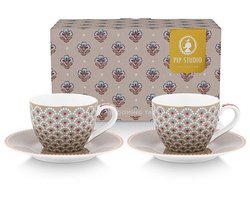 Pip studio-Espressokopjes en schotels -Blooming Tales Khaki-Set van 2-120ml-Porselein