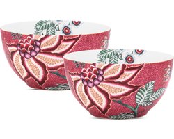 Pip Studio Flower Festival Ontbijtkommen - Donker Roze- Porselein - Set van 2 - 15cm