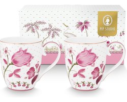 Pip Studio Jolie Pink Tulp set van twee Grote Witte Mokken XL 450ml met - Roze Tulpen illustratie - Porselein