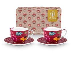 Pip studio-Kop en schotel-Blooming Tales Fantasy Dark Red-Set van 2-300ml-Porselein