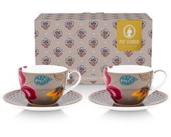 Pip studio-Kop en schotel-Blooming Tales Fantasy Khaki-Set van 2-300ml-Porselein
