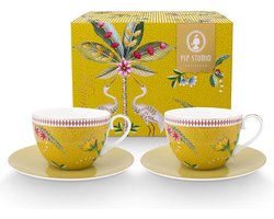 Pip Studio La Majorelle Kop en Schotel - Servies - Set van 2 kopjes en schoteltjes - Geel - 280ml