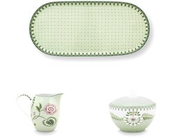Pip Studio Lily & Lotus Light Green Set van Suikerpot, Melkkannetje en bijpassend bordje - Groen - Porselein