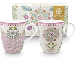 Pip Studio Lily & Lotus mok set/2 - 350ml - set van 2 Large bekers Lily & Lotus - Lila - porselein - Vaatwasserbestendig