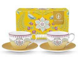 Pip Studio - Lily & Lotus Yellow - kop en schotel - set van 2 - 280 ml - vaatwasserbestendig