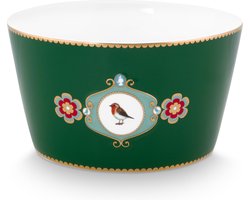 Pip Studio Love Bird Dark Green kom 15cm - Donkergroene Kom Met Roodborstje - Porselein
