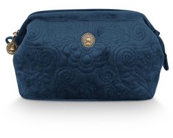 Pip Studio Make up Tas - Velvet Quiltey Days Toilettas - Makeup Tasje met Bloemenprint - Blauw - 19x12x8.5cm