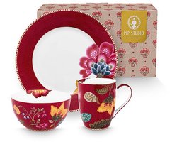 Pip studio-Ontbijtset 3 delig-Blooming Tales Dark Red-Porselein
