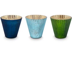 Pip Studio Waxinelichthouders Set van 3 - Kaarsenhouder van Glas - Blauw - 10x10.5cm