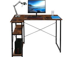 PIPIPOXER Bureau-Retro Schrijftafel - Computerbureau met 2 planken- Bureautafel van hout en metaal - Industrieel design - met opbergvak - 100 x 70 x 75 cm-Verbrande houtkleur