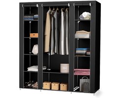 PIPIPOXER-DIY kledingkast met roedes, stoffen met deur, textielkast, stoffen kledingkast,campingkast, zwart, 175*150*45cm
