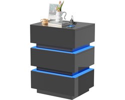 PIPIPOXER-LED-nachtkastje met stopcontact en USB-aansluiting, hoogglans afwerking met 3 lades, 16 RGB-lampjes, 45x35x61cm-Zwart