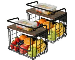 PIPIPOXER Magnetisch Keukenrek Hangend Houten Deksel -2 Stuks-Zelfklevend Wandrek -Kruidenrek Ophangbaar -Badkamer Rekje-Fruitmand Hangend- Keuken Organizer- 10kg Draagvermogen - Zwart