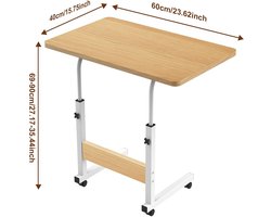 PIPIPOXER-Mobiele laptoptafel, statafel, computertafel, bijzettafel, roltafel, werktafel voor kantoor, bed, bank, 60 x 40 x 69-90 cm, in hoogte verstelbaar,houtkleur
