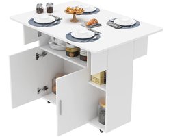 PIPIPOXER-Mobiele opklapbare tafel eettafel bureau met opklapbaar werkblad, met wielen eettafel voor keuken, wit