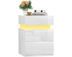 PIPIPOXER-Nachtkastje met LED verlichting, met 3 lades, ledverlichting instelbaar in 16 kleuren, bijzettafel nachtkastje voor slaapkamer - wit