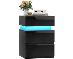 PIPIPOXER-Nachtkastje met LED verlichting, met 3 lades, ledverlichting instelbaar in 16 kleuren, bijzettafel nachtkastje voor slaapkamer - zwart
