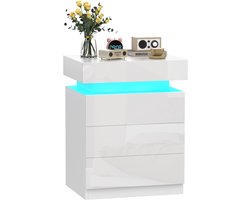 PIPIPOXER-Nachtkastje met ledverlichting, instelbare kleuren, bijzettafel Nachtkastje met 3 lades en 1 verborgen opbergvak, hoogglans-Wit