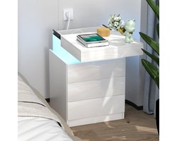 PIPIPOXER-Nachtkastje met stopcontact & USB, hoogglans met 3 lades, LED verlichting in 16 kleuren - wit