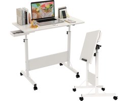 PIPIPOXER- Opvouwbare Laptoptafel met wielen, computertafel, bijzettafel, bureau, mobiele statafel, bedtafel, in hoogte verstelbaar, 80x40x64-89cm, Wit