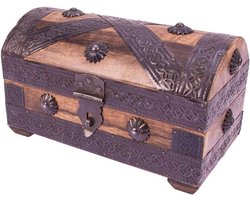 Piratenkist Houten Kist - Schatkist Houten Doos - Cadeau Opslag - Afsluitbaar Met Hangslot - 20x12x11 cm - Gevlamd Geel