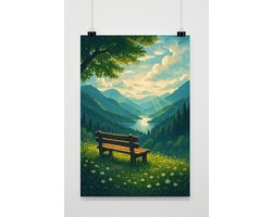 Pixel Natuur Poster - Landschap Posters - Bergen - Rivieren - Bankje - Wanddecoratie Woonkamer - 180 gram papier - L6980WV - Formaat 70 x 100cm