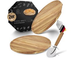 Pizza-bord/pizzaplaat - Mario - 2 set ronde met pizza-snijder - ⌀35 cm - Acacia Wood