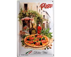 Pizza Dolce Vita. Metalen wandbord in reliëf 20 x 30 cm.