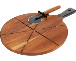 Pizza Snijplank - Rond 30 cm met handvat - Acaciahout- met Pizzasnijder