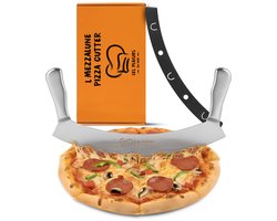 Pizzasnijder 30,5 cm RVS — Wiegemes / Mezzaluna met Dubbel Handvat — Extra Scherp Pizza Mes voor Kruiden, Groenten & Taarten — Inclusief Beschermhoes — Belgisch Merk Les Plaisirs du Chef